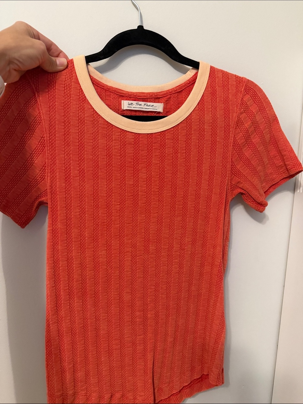 We The Free Coral Ribbed Short Sleeve Crewneck with Cream Trim